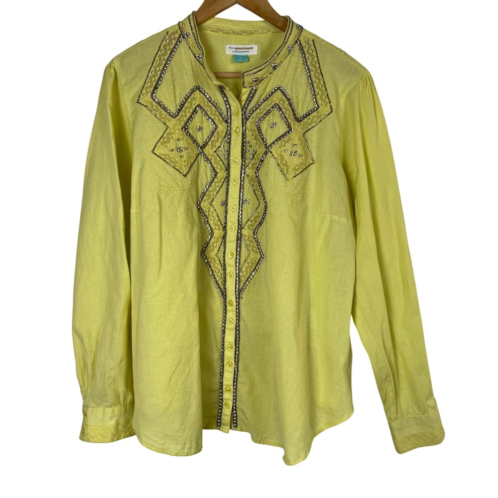 Pilcro Anthropologie Yellow Cotton Linen Embroidered Boho Bead Top Plus Size 2X
